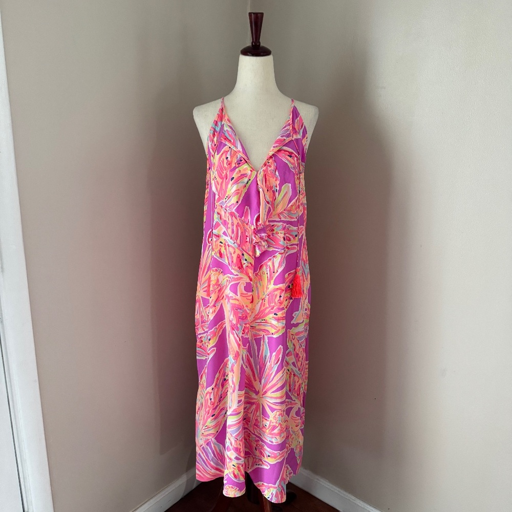 Lilly Pulitzer Lachelle 100% Silk Midi Dress Amethyst Sunseekers Tassel Front S